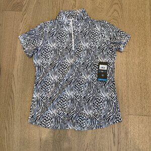 IBKUL Alena Black/White Short Sleeve Zip Mock Neck Top, NWT, Size M
